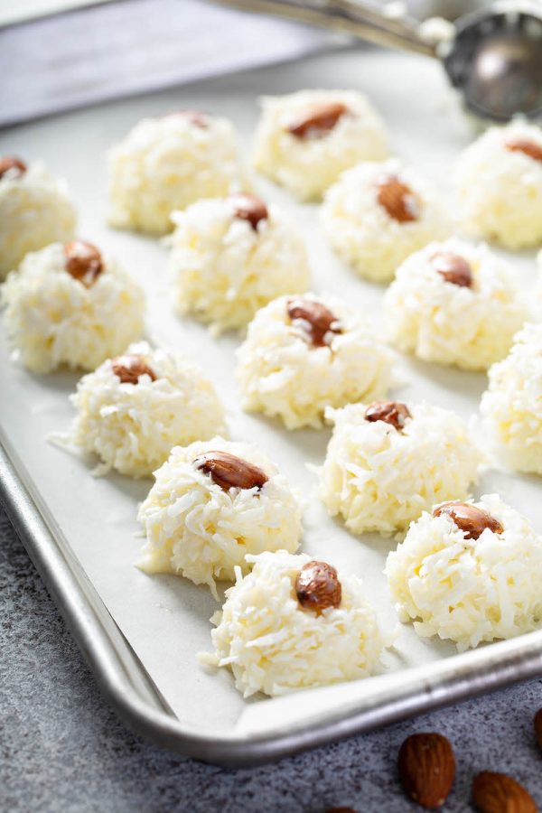 Almond Joy Truffles on a Baking Sheet Before Being Dipped in Chocolate.