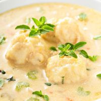 Chicken and dumplings in a large white bowl.