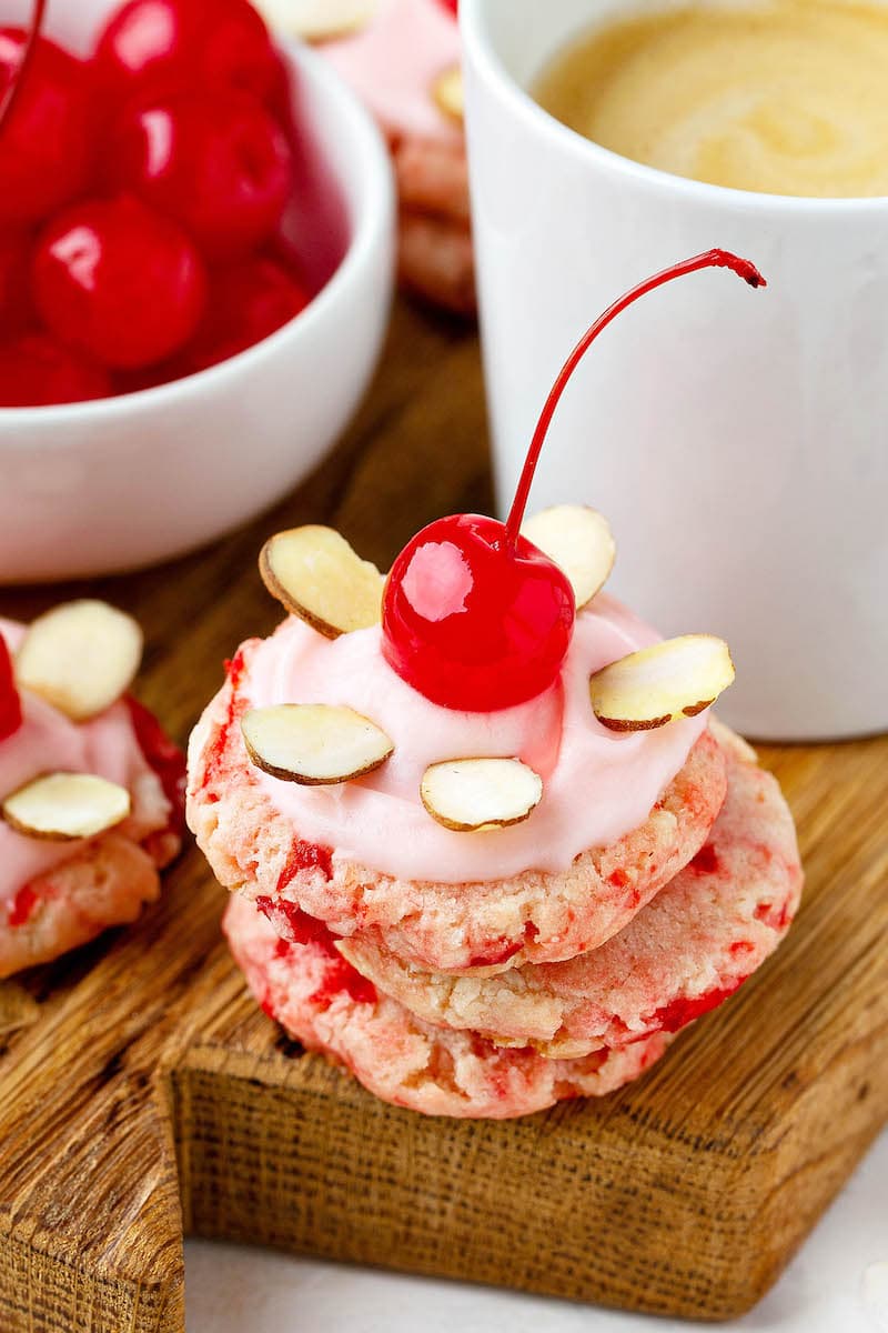 Cherry Almond Sugar Cookies stacked together. 