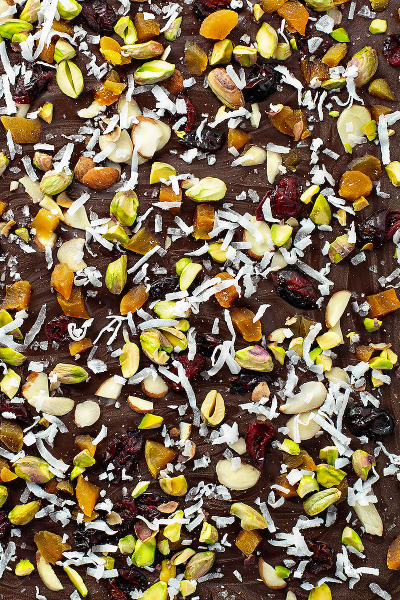 A Close-Up Shot of Fruit and Nut Bark Before it's Been Broken Into Pieces