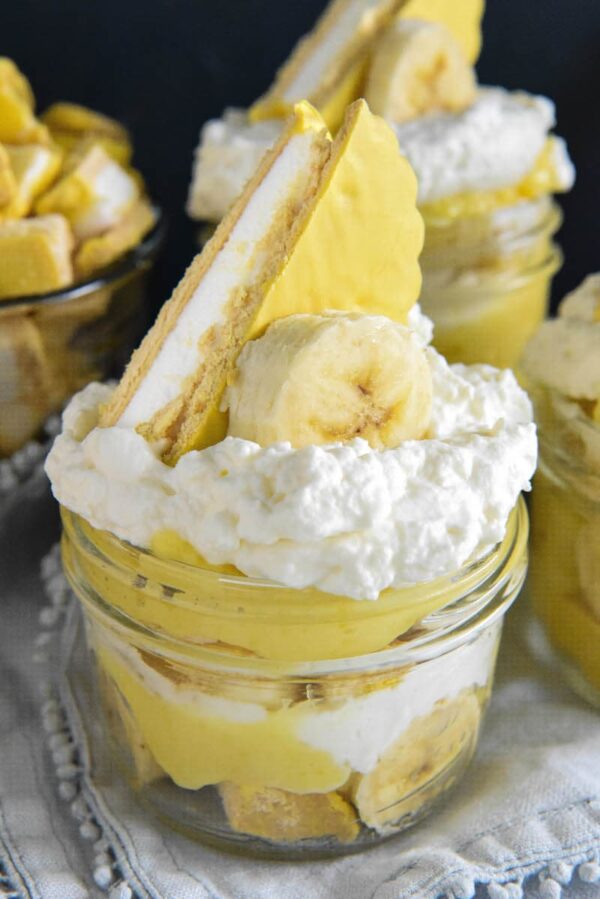 Banana Moon Pie Trifle in a glass mason jar. 