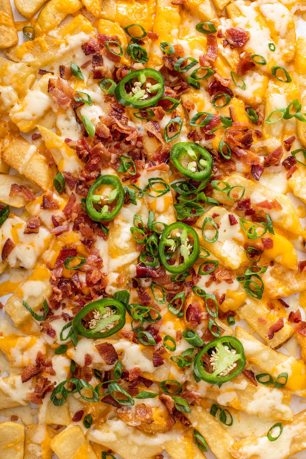 Overhead shot of homemade Texas fries with melted cheese.