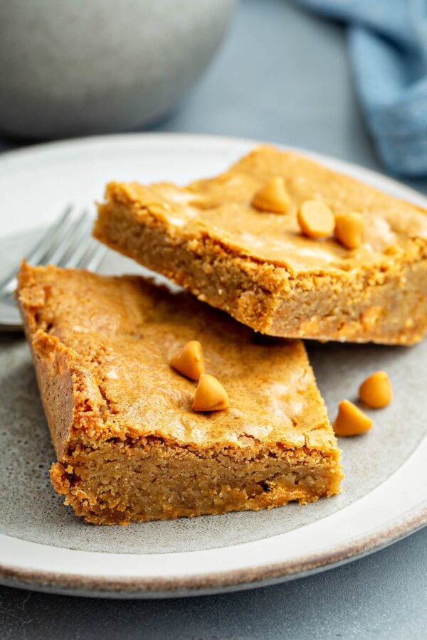 Butterscotch Blondies on a white plate.