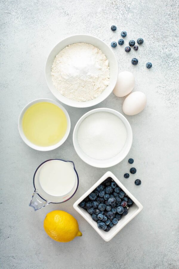 Buttermilk Blueberry Bread ingredients in white bowls.