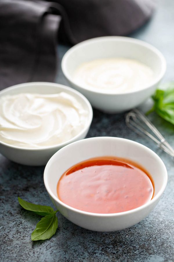 Creamy Sweet Chili Sauce ingredients in bowls