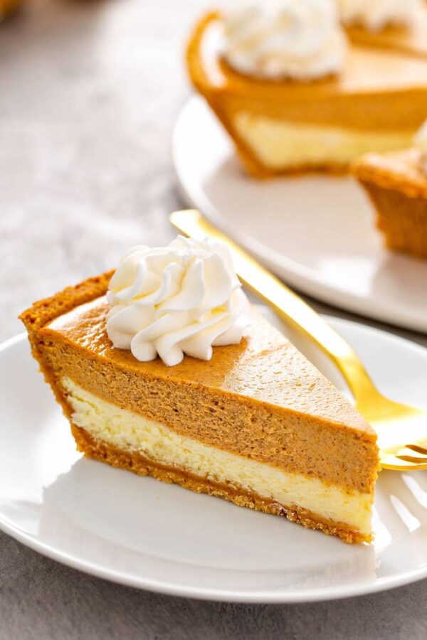 A slice of Pumpkin Pie Cheesecake with whip cream on a white plate.