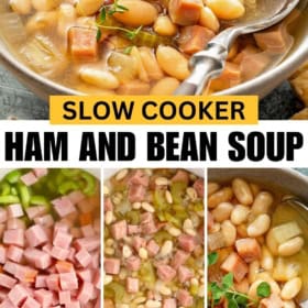 Slow cooker ham and bean soup with fresh herbs prepared in the crockpot.