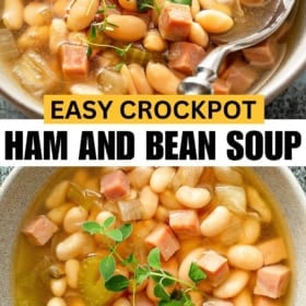 Ham and bean soup presented in a bowl with fresh herbs on top.