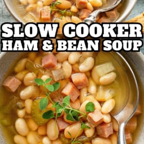 Slow cooker ham and bean soup served in a bowl with fresh green herbs on top.