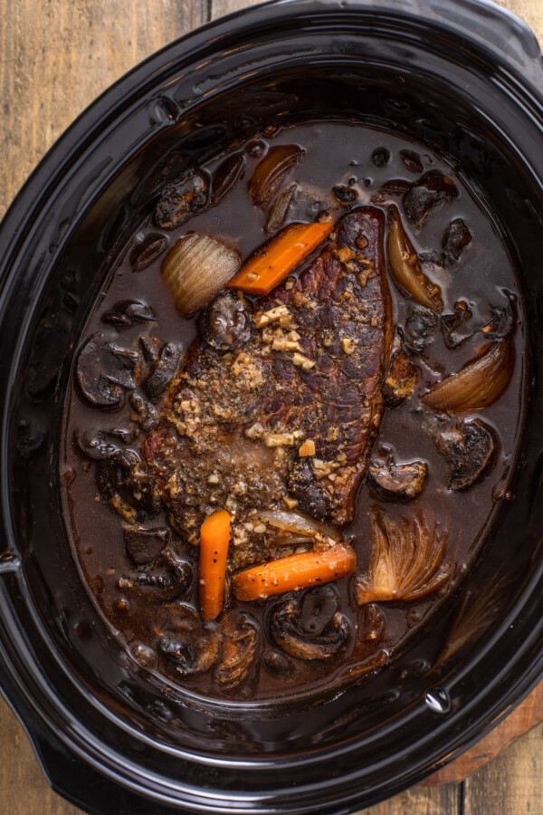 Cooked slow cooker pot roast.