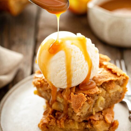 Apple Blondies with vanilla ice cream and caramel sauce.