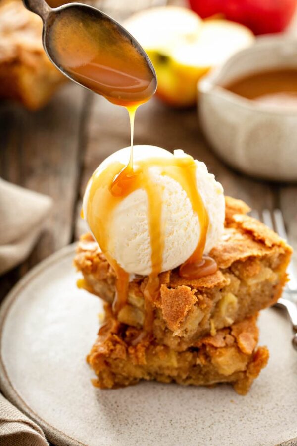 Apple Blondies with vanilla ice cream and caramel sauce.