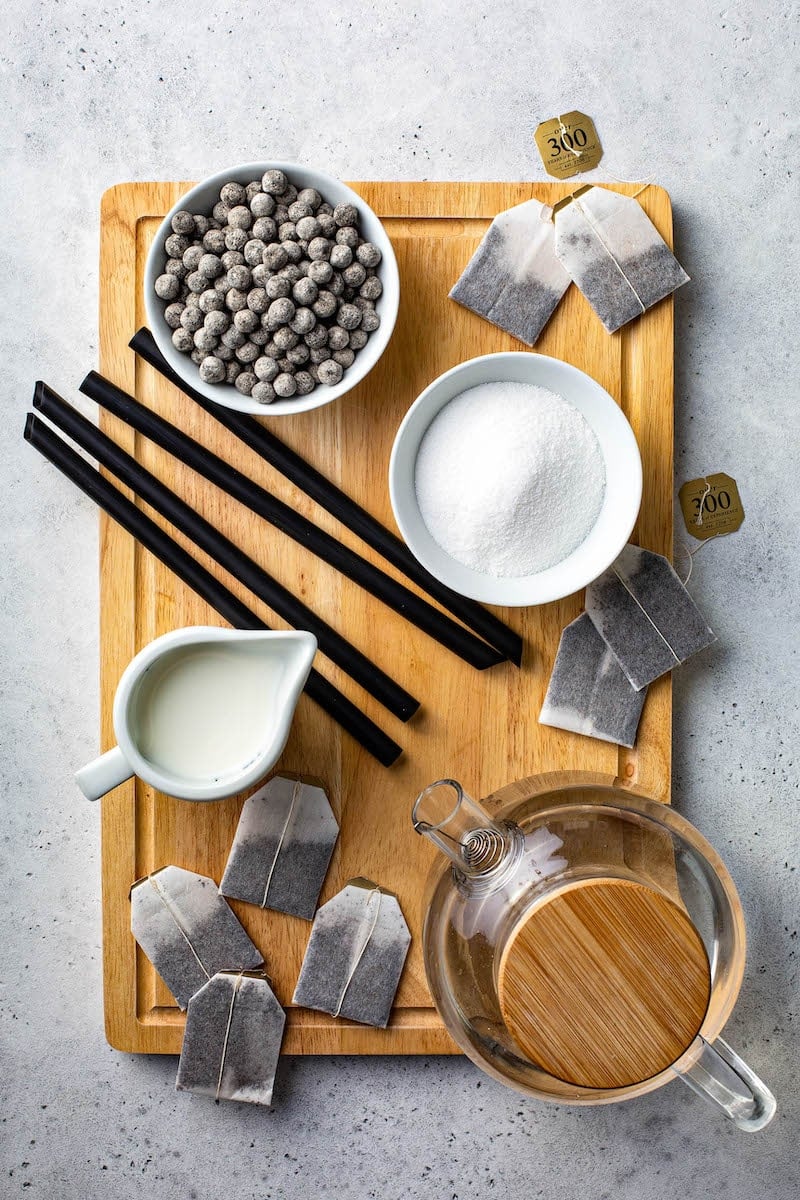 Ingredients to make tea on a cutting board. 