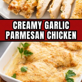 Sliced chicken is presented above several baked chicken breasts with garlic and parmesan.