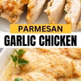 Baked garlic chicken breasts are placed beneath an image of sliced chicken.