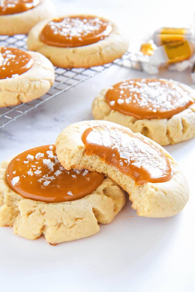Salted Caramel Cookies stacked on top of each other.