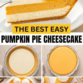 The best easy pumpkin pie cheesecake is baked in a pie dish and topped with whipped cream.