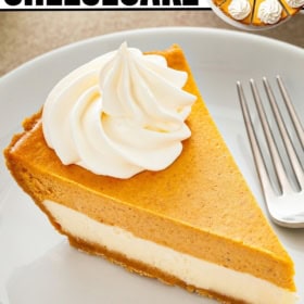 Garnished cheesecake pumpkin pie is presented on plate with a fork.