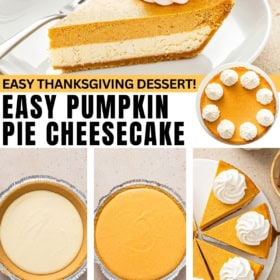 Pumpkin pie cheesecake recipe baked in a pie crust and served with sweet whipped cream on top.