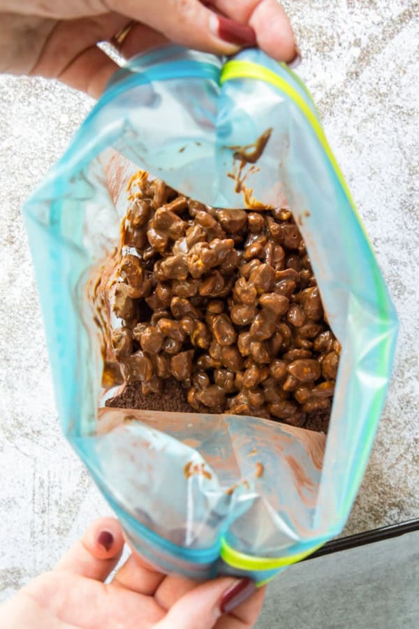Cereal coated with melted peanut butter and chocolate is in a large ziplock bag.