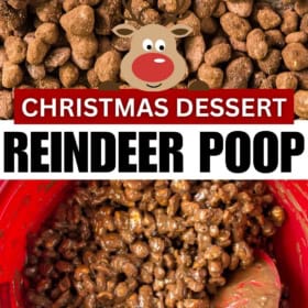 Christmas reindeer poop is made in a red bowl and presented on baking sheet.