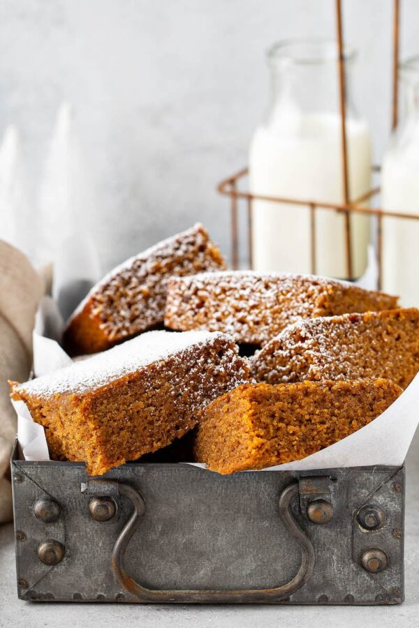 Gingerbread Cake sprinkled with powdered sugar.