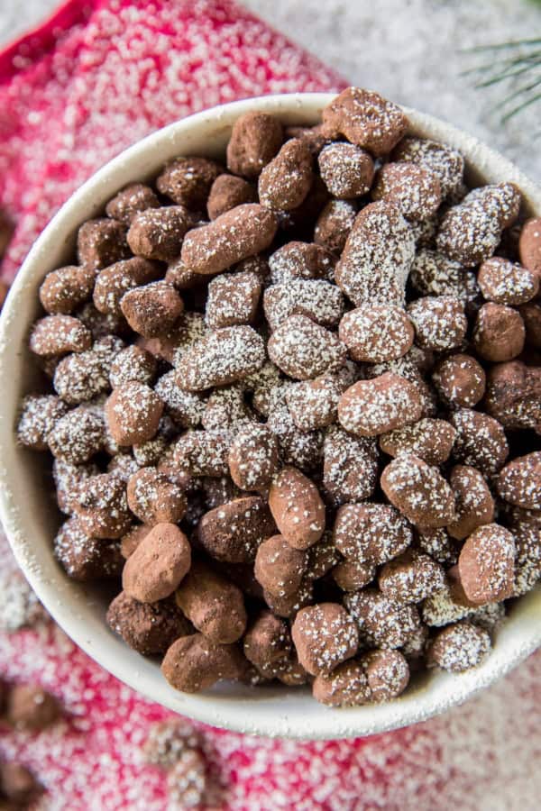 Powdered sugar is sprinkled across the top of a bowl of reindeer poop dessert.