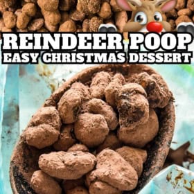 Reindeer Poop dessert is presented in a wooden spoon.