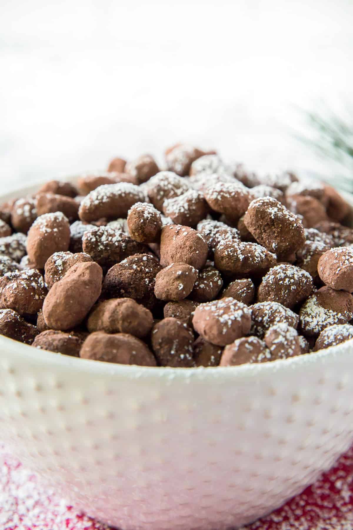 Powdered sugar is dusted across the top of a bowl filled with reindeer poop.
