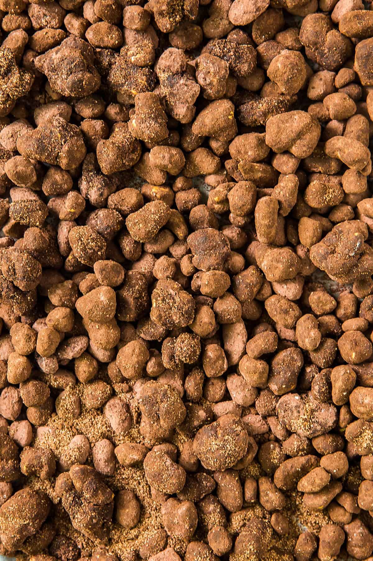 Surprise everyone with tasty Reindeer Poop, a no-bake Christmas treat made with corn pop cereal & a sweet cocoa coating to make kids giggle! Chocolate and peanut butter reindeer poop close up image.