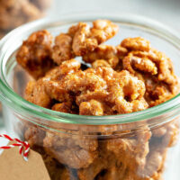 These sweet, crunchy Toffee Walnuts are incredibly easy and make a great party snack, light dessert or salad addition! Bonus: You only need 5 ingredients! #ToffeeWalnuts #CandiedNuts #CandiedWalnuts #Walnuts #Nuts #Dessert #NutRecipes #Snack