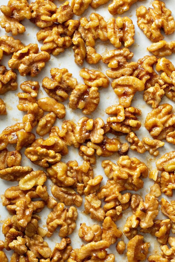 Toffee Walnuts on a sheet pan.