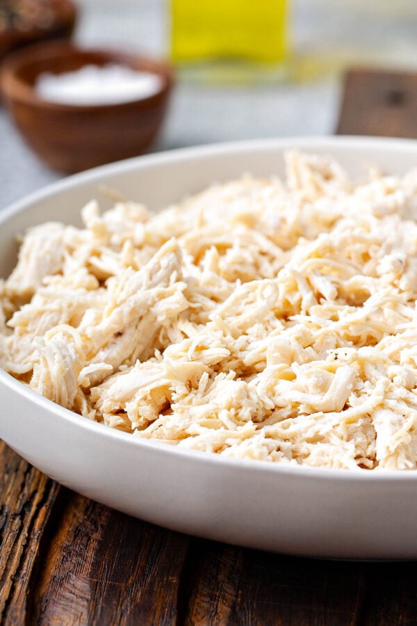 Bowl of shredded chicken made in an Instant Pot