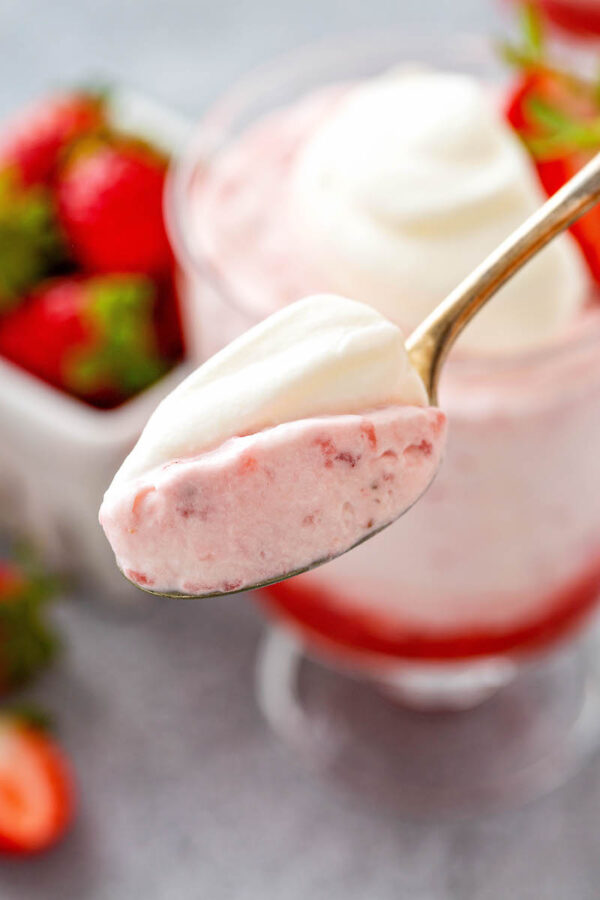 Up close image of mousse on a spoon.