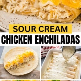 A plate of white chicken enchiladas with process photos.