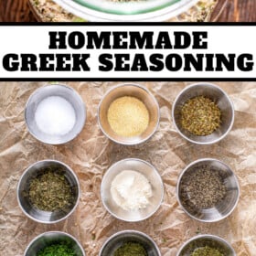 Jar of Greek seasoning and the ingredients for it.