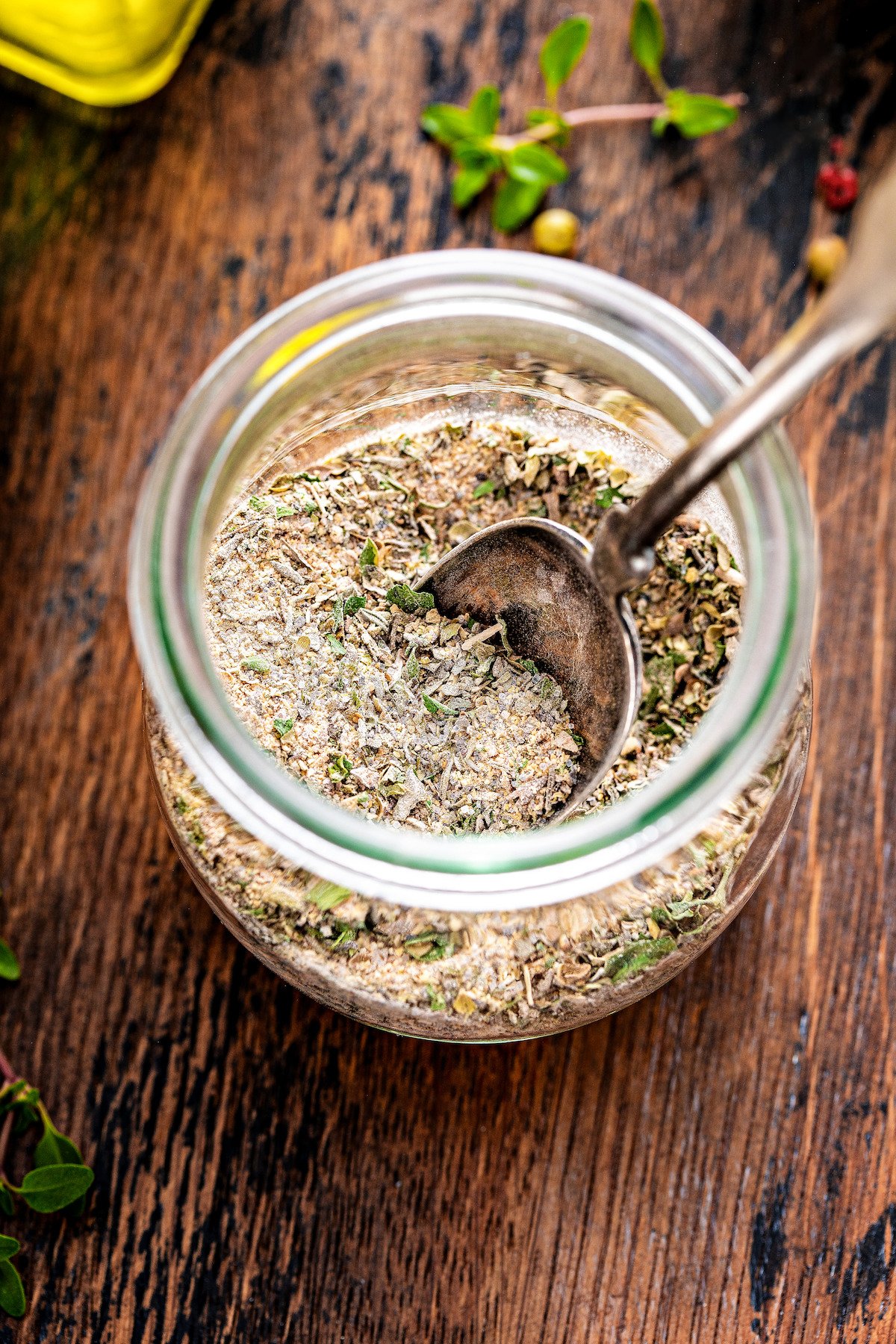 Jar of Greek spices and herbs.