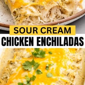 Enchiladas in a casserole dish with plated enchiladas.