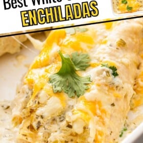 White chicken enchiladas are covered in gooey cheese.