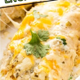 Cilantro garnished white chicken enchiladas in a baking dish.