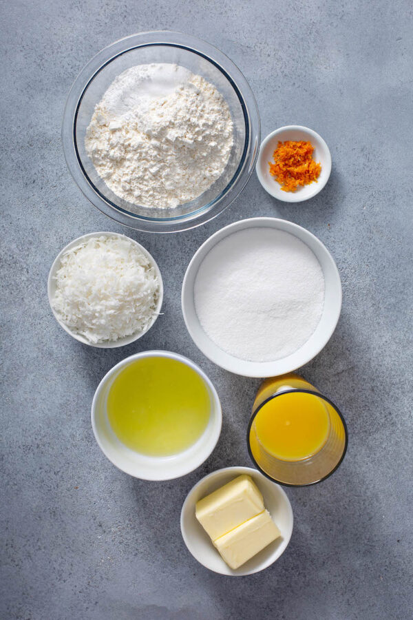 Ingredients for orange coconut cake recipe.