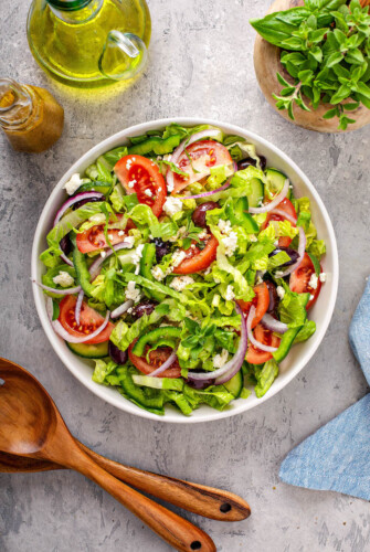 Overhead view of a bowl filled with homemade greek salad.