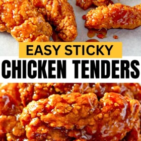 Sticky chicken tenders are placed on a white surface.