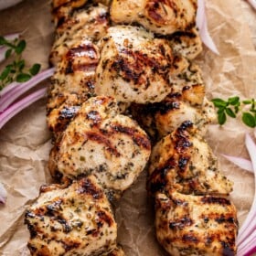 Chicken skewers with Greek seasoning.