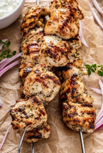 Chicken skewers with Greek seasoning.