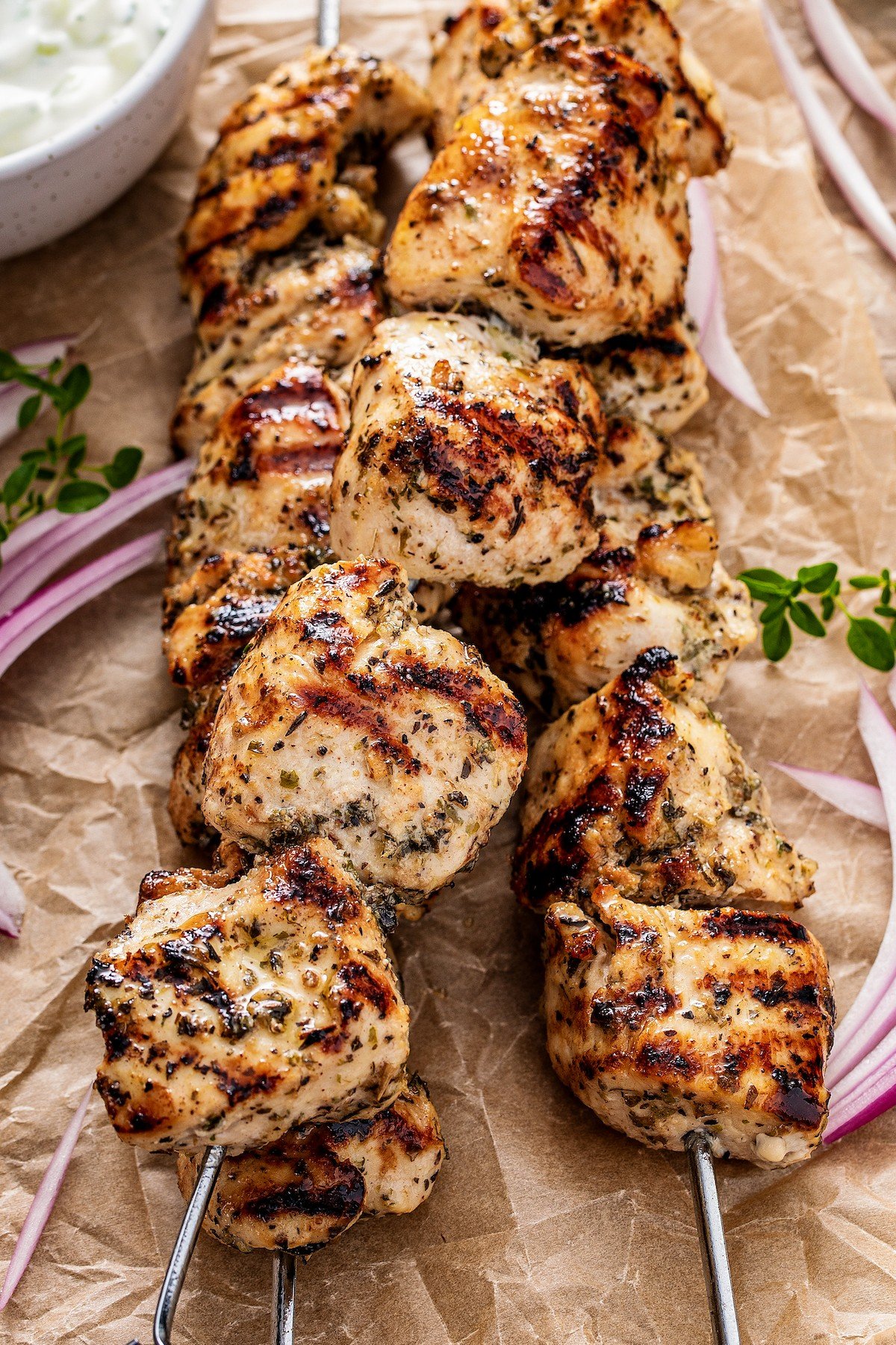 Chicken skewers with Greek seasoning.