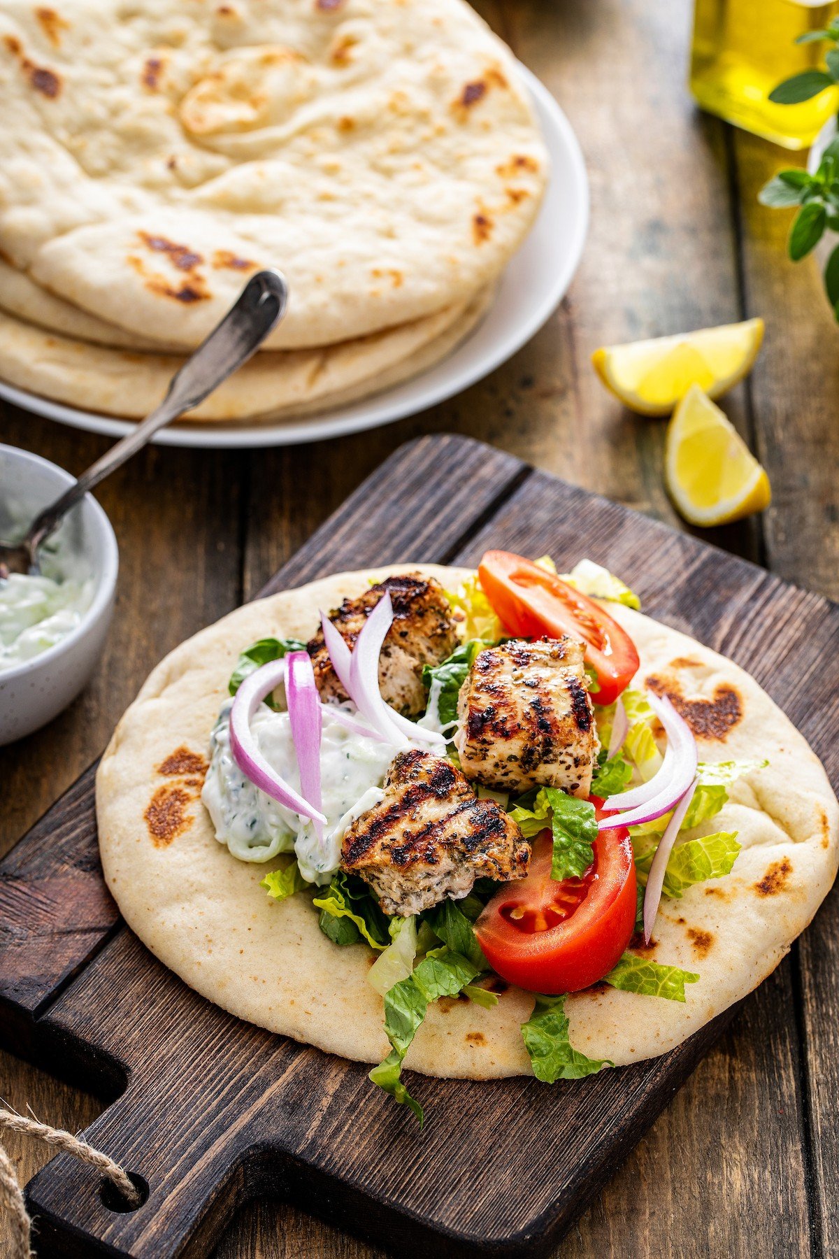 Chicken souvlaki in a chicken gyro.