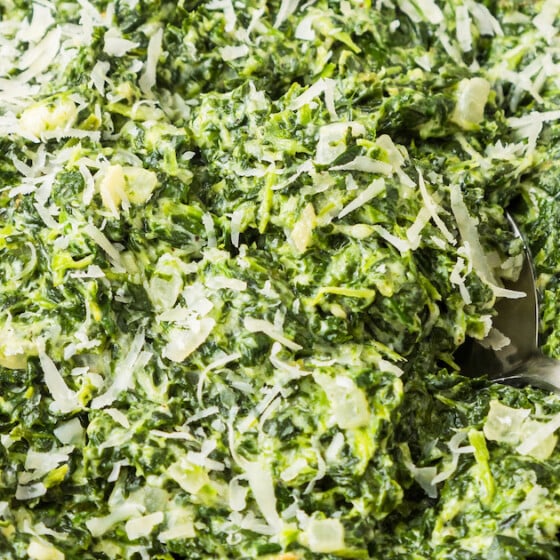 Landscape photo of creamed spinach.