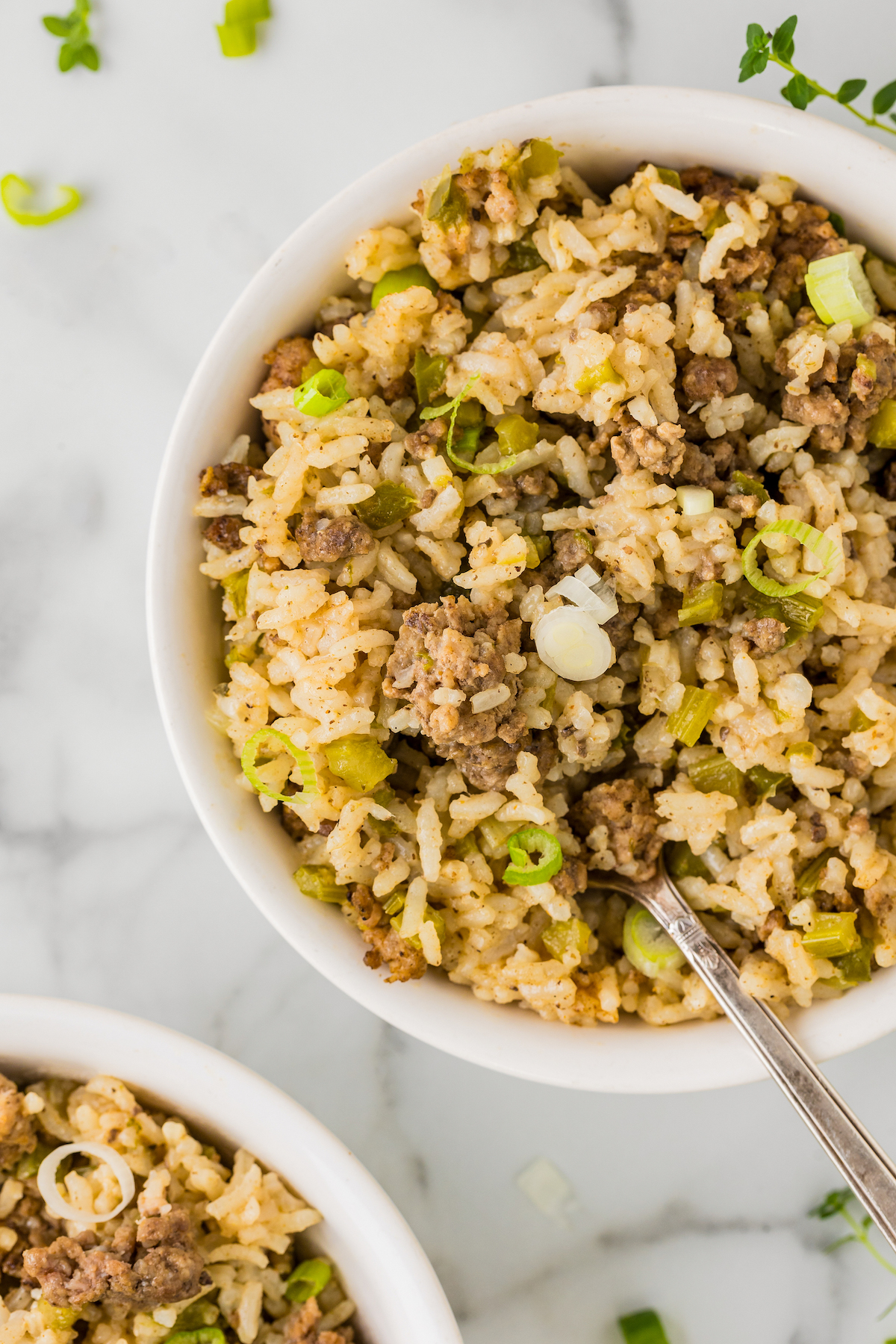 Bowl of hearty and meaty Cajun dirty rice topped with sliced green onions.
