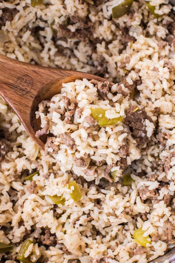 Up close image of dirty rice in pot.